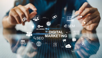 Digital marketing business technology concept. Website advertisement email social media network, SEO, SEM video and mobile application icons in virtual screen.