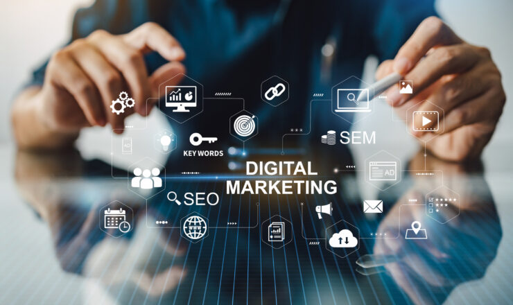 Digital marketing business technology concept. Website advertisement email social media network, SEO, SEM video and mobile application icons in virtual screen.